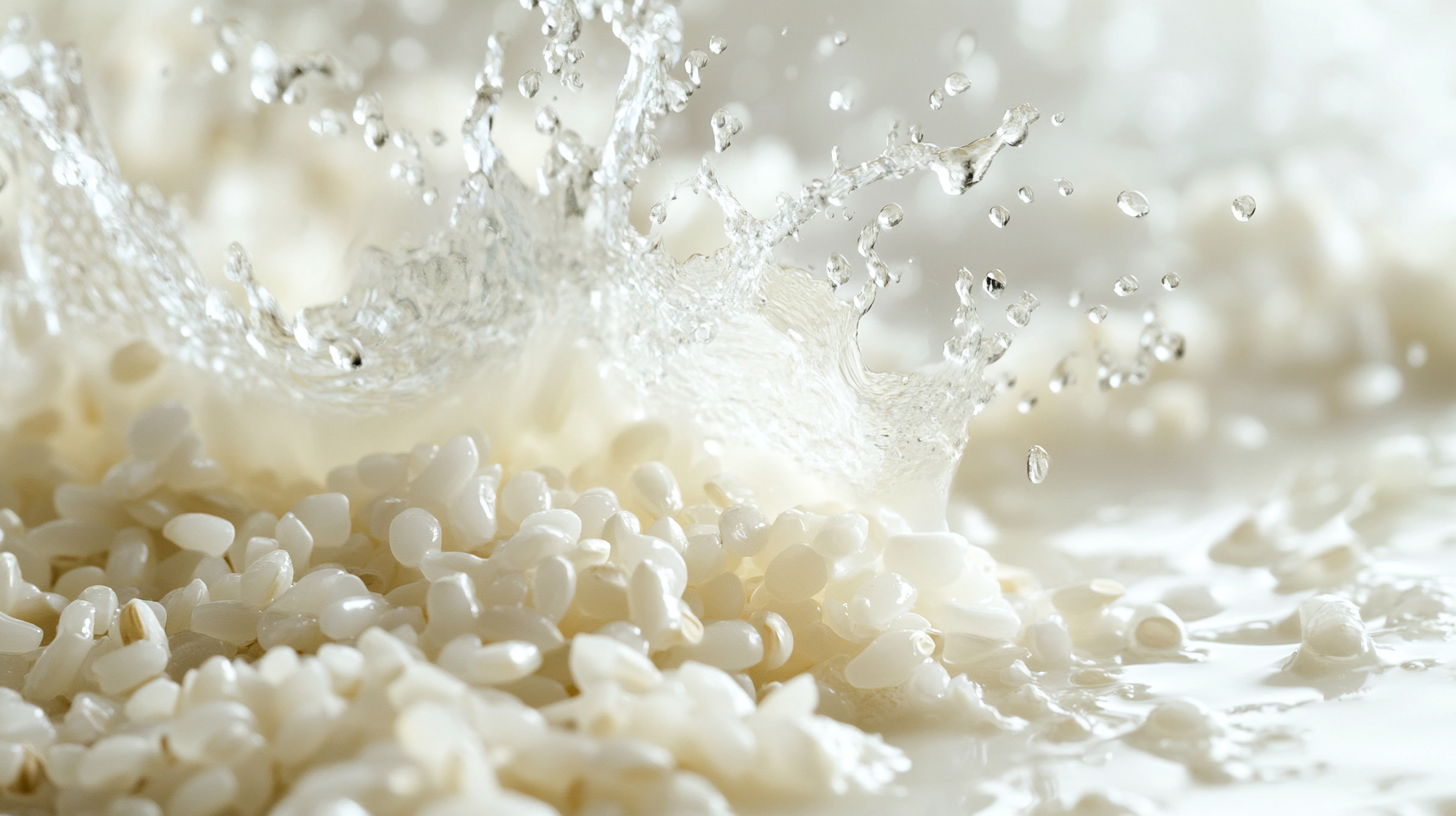 Korean rice grains with milky liquid splashing inside a moon jar silhouette — origin and purity.
