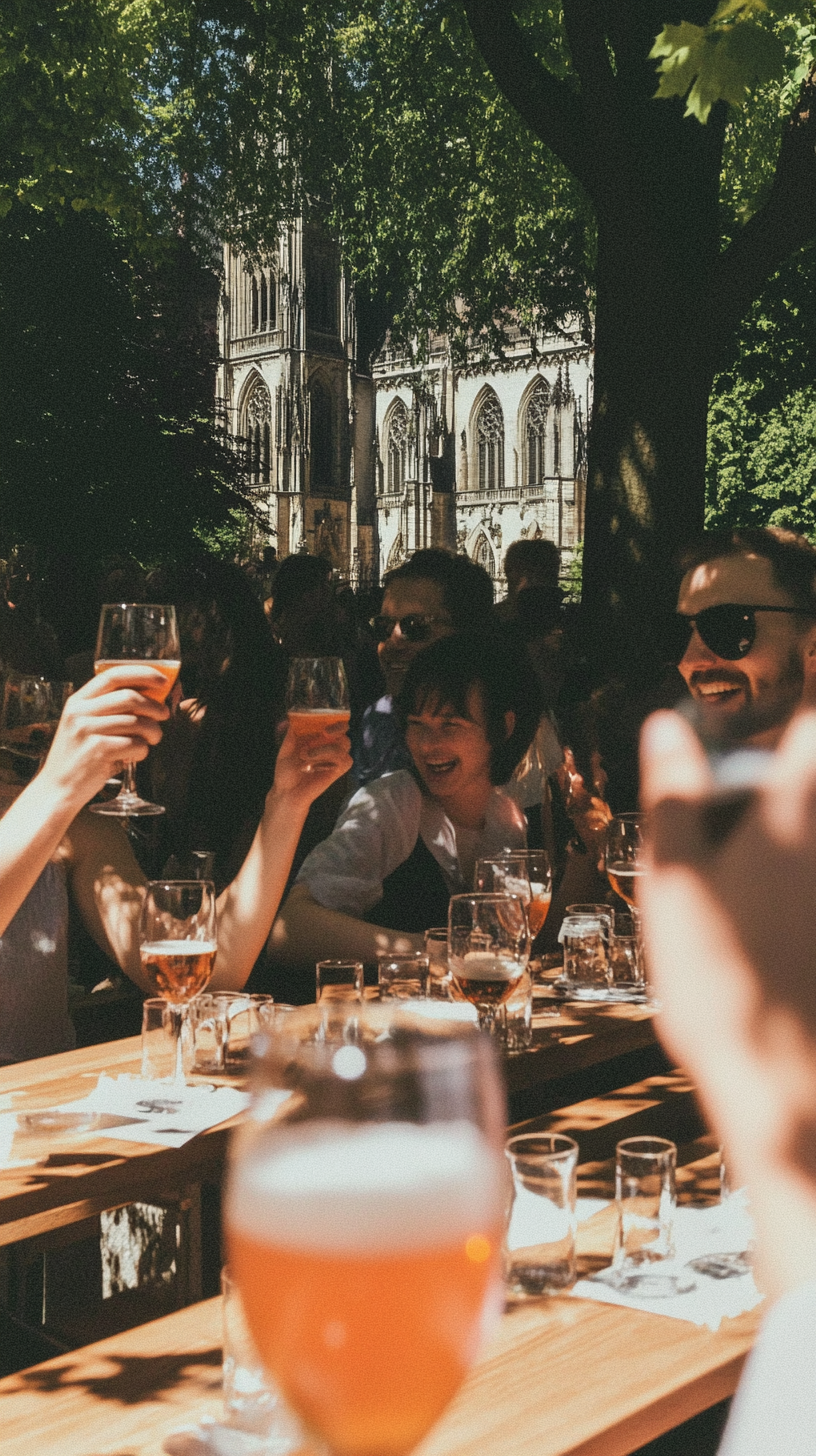 European Road 2026 Munich — beer garden in summer with long communal wooden tables.